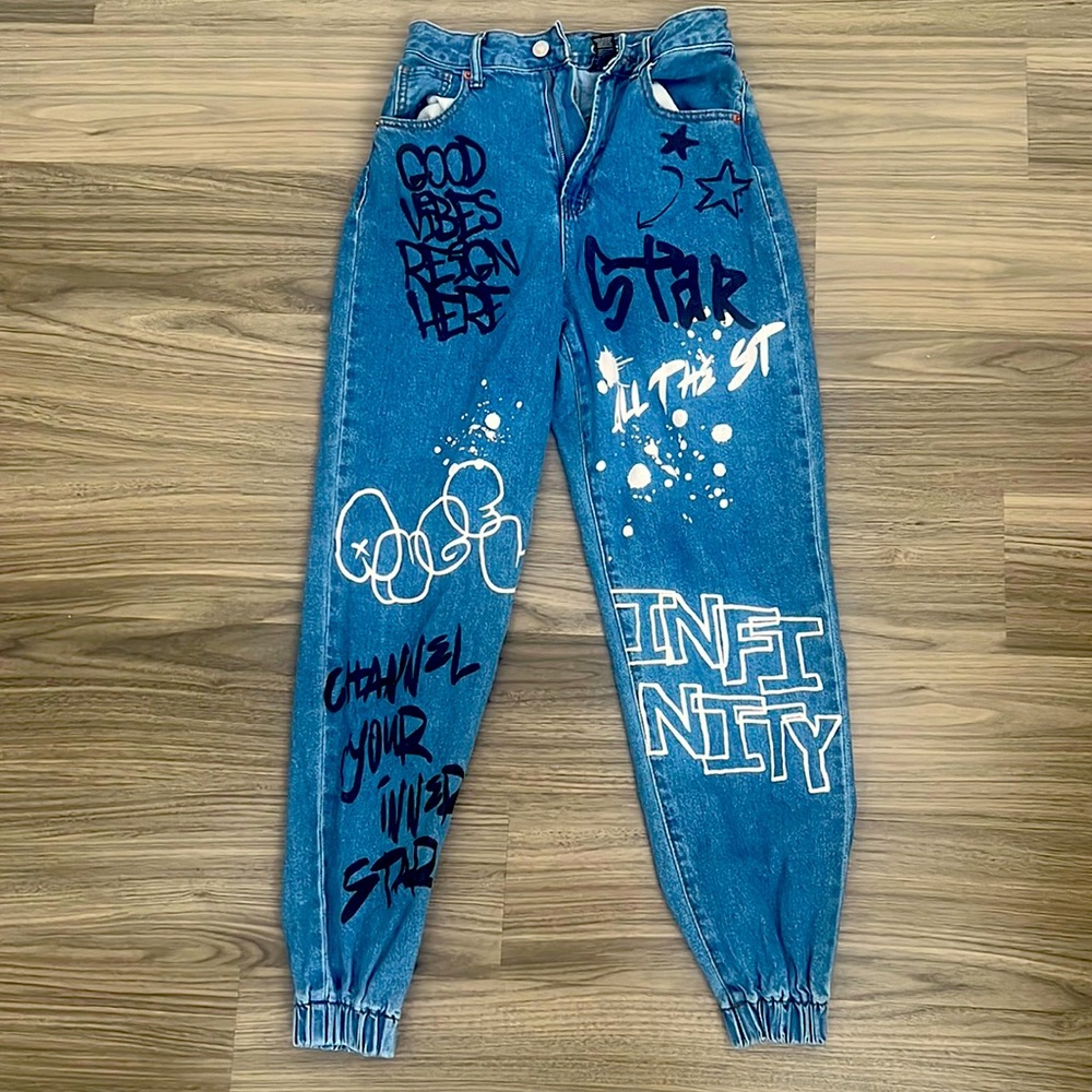 Womens Graffiti Jogger Denim Pants - Picture 1 of 2